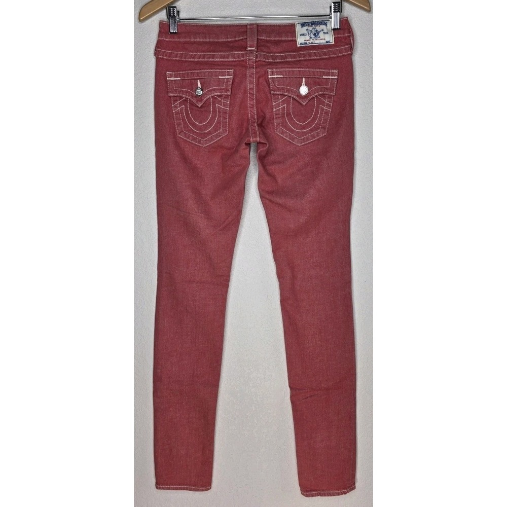 True Religion Skinny Jeans Flap Pockets Women 27 Silver Pave Y2K Low Rise Red